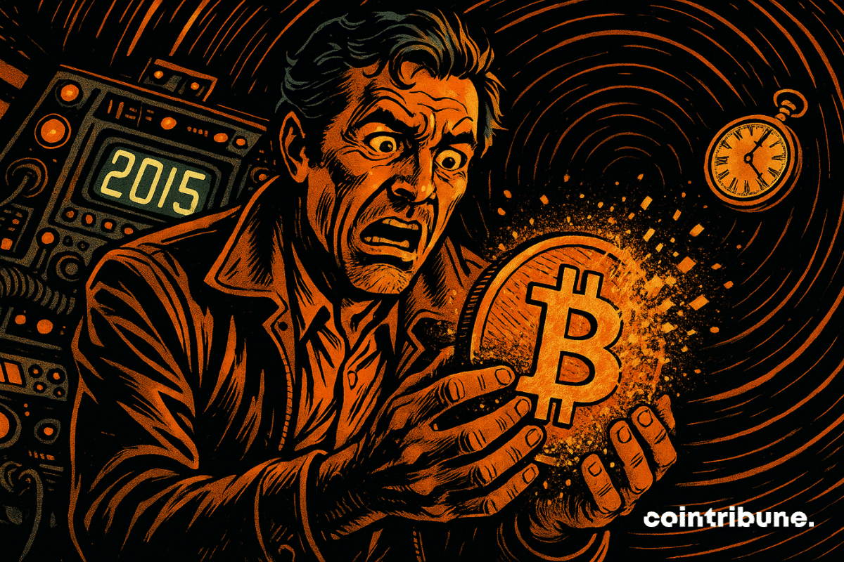 An oversized Bitcoin coin, held with both hands by an investor, disintegrating into shimmering golden-orange dust. The fragments float upward, carried by a luminous stream.