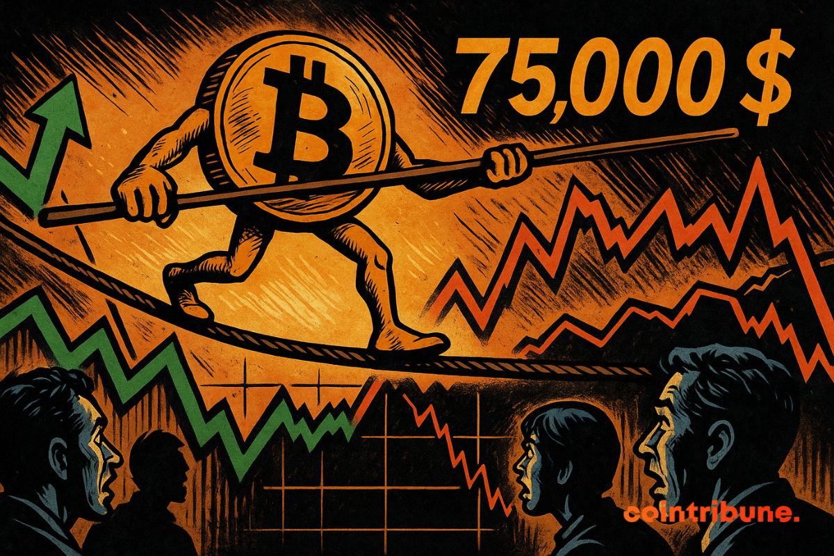 Ilustração de um Bitcoin andando na corda bamba acima de gráficos financeiros, ilustrando a volatilidade e o estresse do mercado.