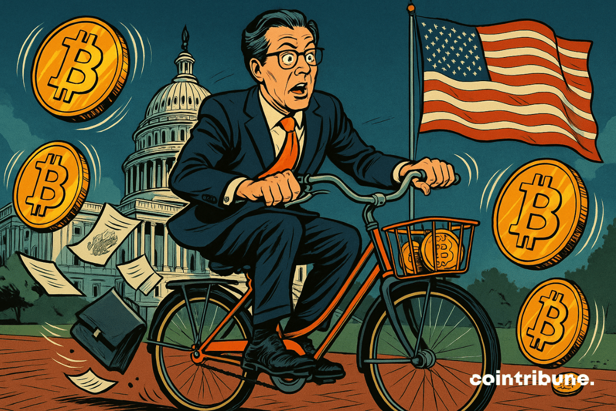 Scott Bessent pedals backward in an exaggerated manner, torso slightly leaning back, eyes wide open, mouth ajar in a sign of sudden reversal. Giant Bitcoin coins float around him, some appearing to spill from his pockets or from the front basket of the bike.