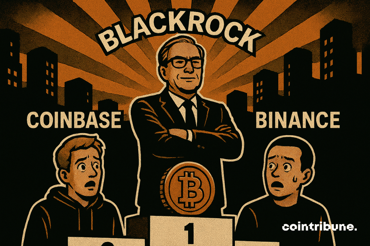 A man in a black suit (representing BlackRock), standing proudly on the top step. Silhouettes represent Coinbase and Binance, visibly shocked, on the lower steps.