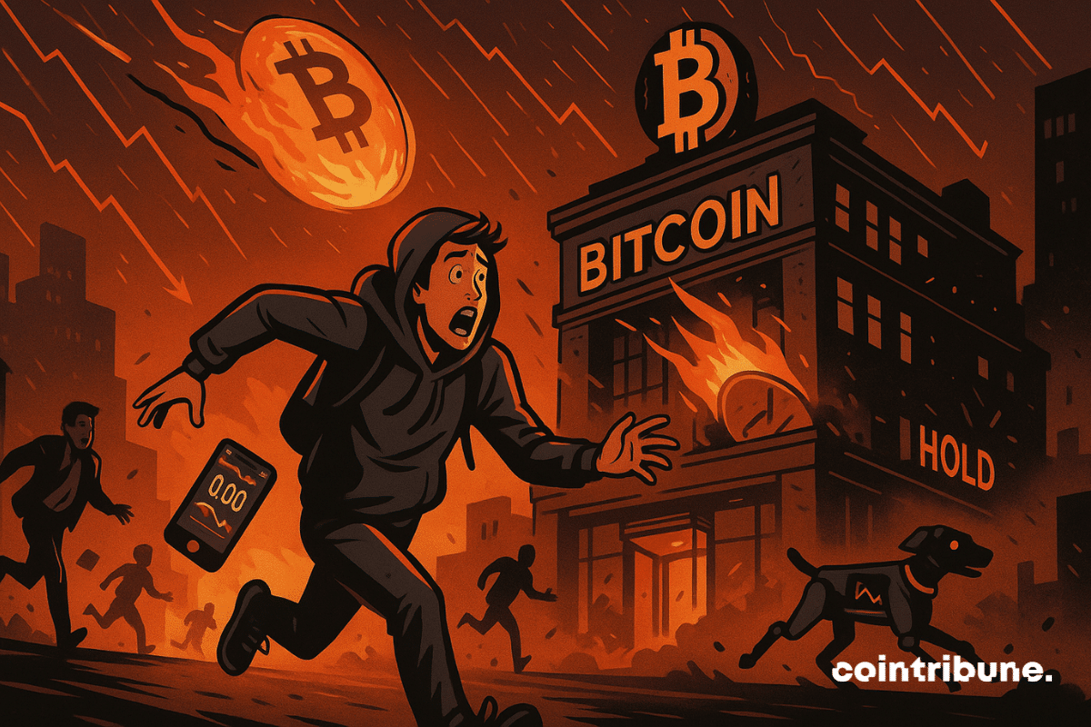 Une pièce de Bitcoin géante, en feu, tombe du ciel en arrière-plan. Elle semble s’écraser sur le toit du bâtiment de la Bourse, qui commence à s’effondrer.