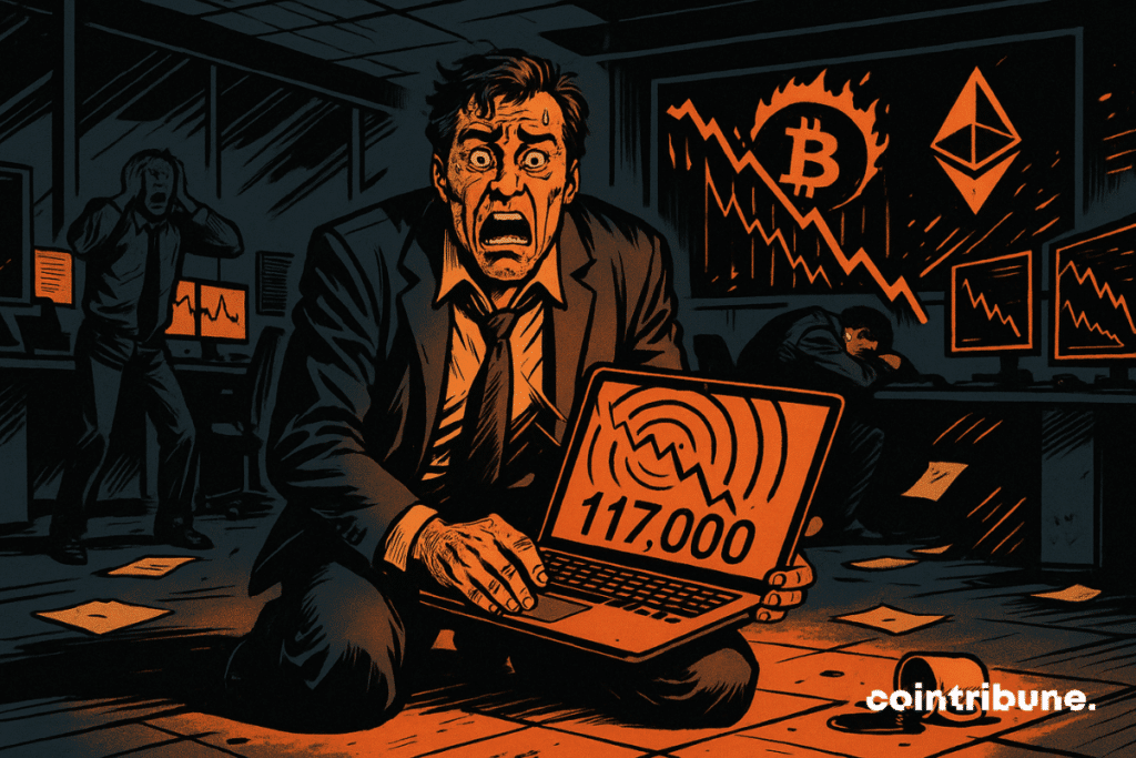 The CEO of a crypto company in crisis, sitting on the floor with his knees bent, holding a laptop on his lap. He is panicking after Bitcoin's crash.