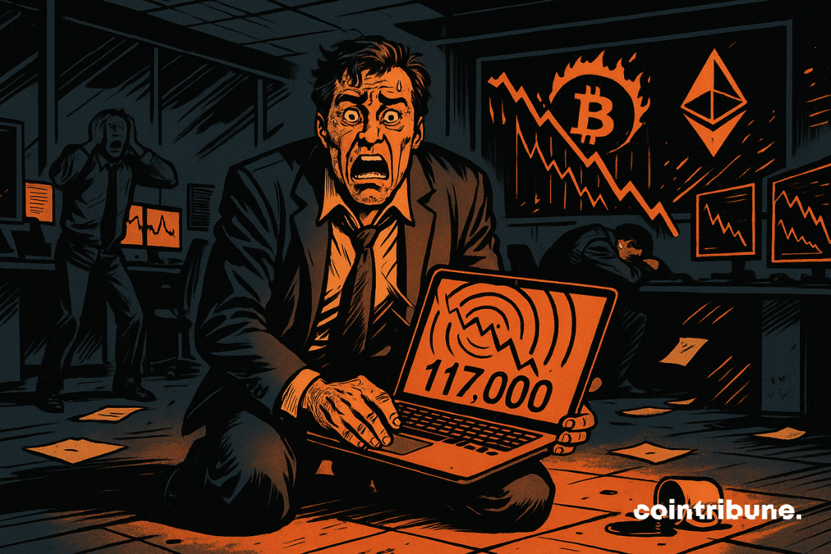 Le CEO d’une entreprise crypto en crise, assis à même le sol, jambes pliées, tenant un ordinateur portable sur ses genoux. Il est en panique à la suite de la chute du Bitcoin.