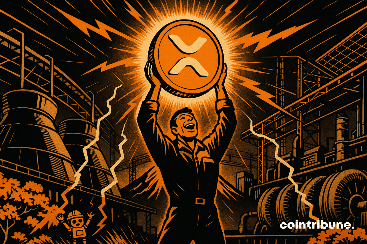 Un spécialiste du mining héroïque en combinaison sombre, debout au centre, les bras levés, tient au-dessus de sa tête un énorme jeton Bitcoin orange et blanc qui émet une lumière intense.