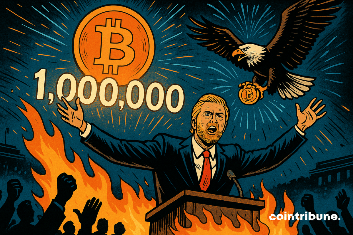 Eric Trump, debout sur un podium en feu, levant les bras vers le ciel. Un énorme Bitcoin orange planant au-dessus de lui, frappé du chiffre « 1 000 000 » en lumière.