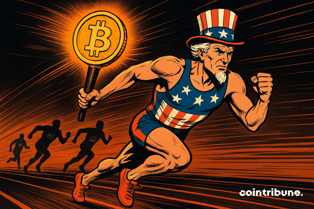 Uncle Sam, en tenue de sprinteur aux couleurs américaines, fonce sur une piste en brandissant un Bitcoin flamboyant comme un flambeau, laissant derrière lui des silhouettes de coureurs représentant d’autres nations. Une image énergique et symbolique du leadership des États-Unis dans la course à l’adoption du Bitcoin.