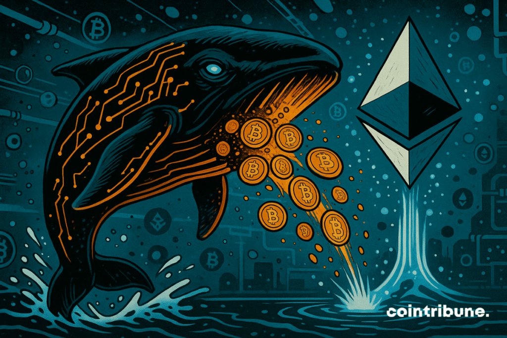 Une baleine éjecte une masse de pièces BTC en fusion. Les 2000 Bitcoins stylisés sortent de la gueule de la baleine en une traînée de pièces incandescentes orange, qui sont aspirées vers une structure flottante cristalline représentant Ethereum.