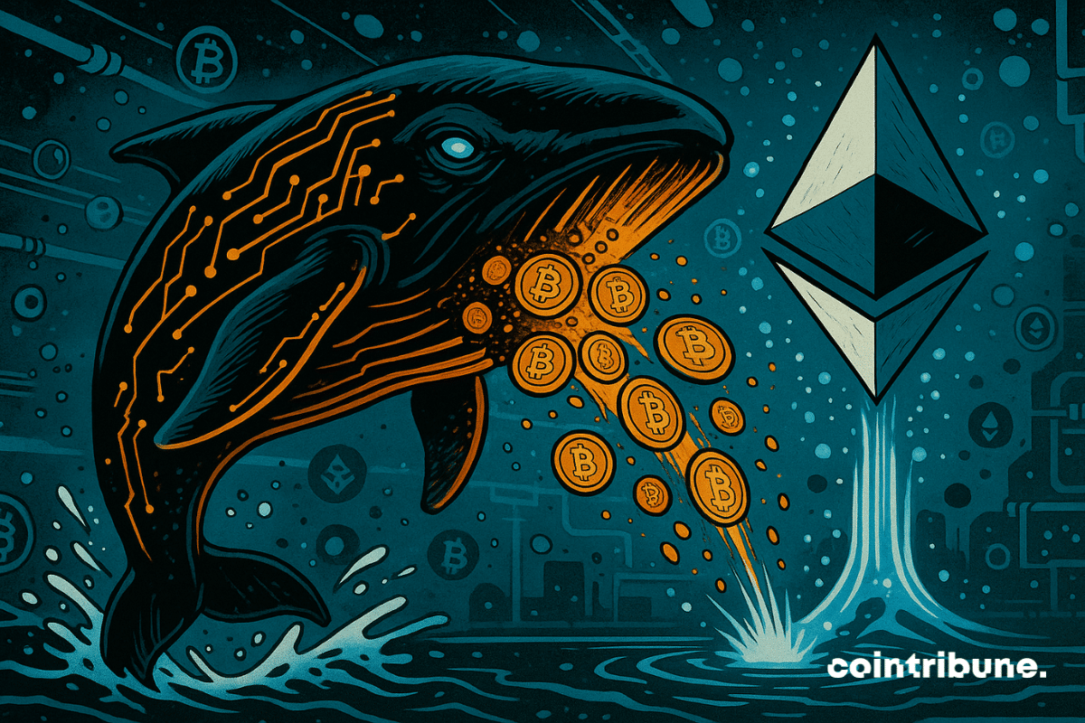 Une baleine éjecte une masse de pièces BTC en fusion. Les 2000 Bitcoins stylisés sortent de la gueule de la baleine en une traînée de pièces incandescentes orange, qui sont aspirées vers une structure flottante cristalline représentant Ethereum.