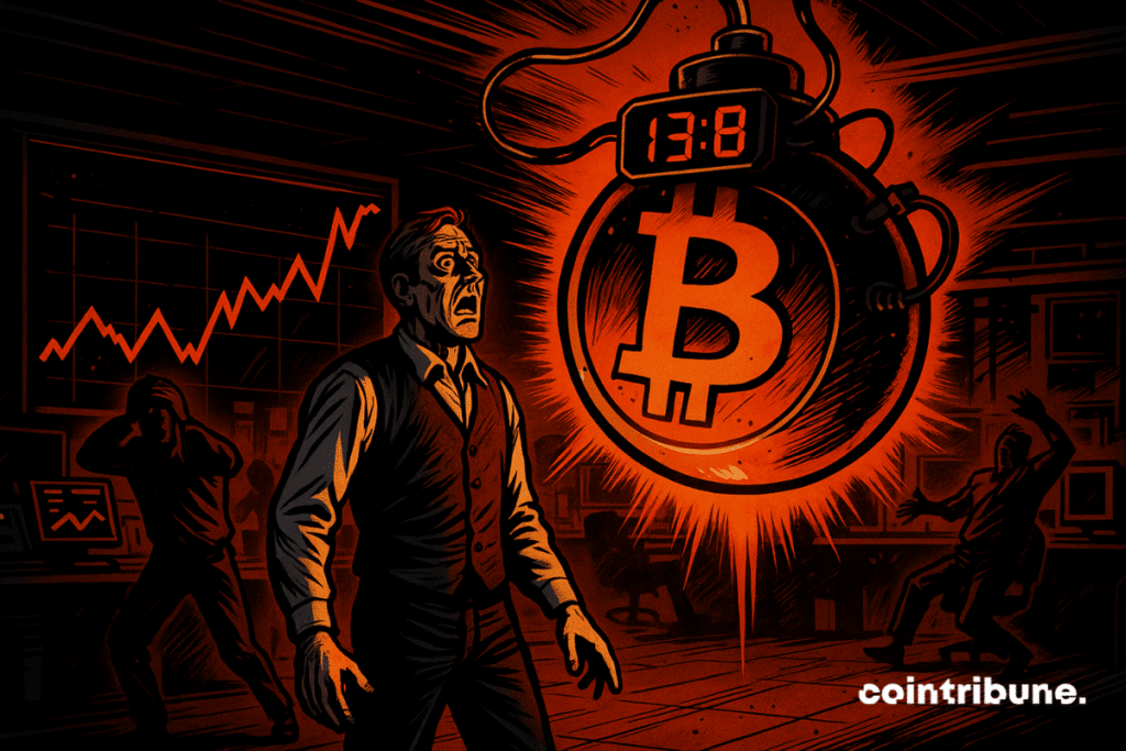 Un trader observe le compteur d’une bombe. La bombe en forme de Bitcoin suspendue au centre, est illuminée par une lumière orange. Le compteur digital rouge sur le devant affiche "13.8" dans une typographie LED vintage.