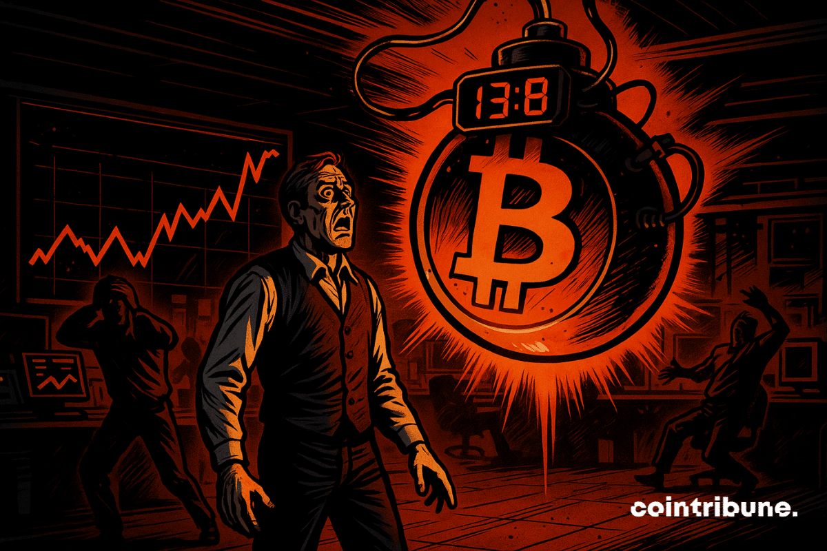 Un trader observa el temporizador de una bomba. La bomba, con forma de Bitcoin, está suspendida en el centro e iluminada por una luz naranja. El contador digital rojo en la parte frontal muestra "13.8" con una tipografía LED vintage.