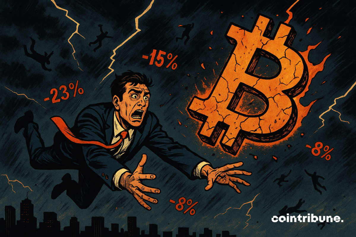 An investor tries to catch a falling Bitcoin, symbolizing the turbulence the market is going through, according to Glassnode.