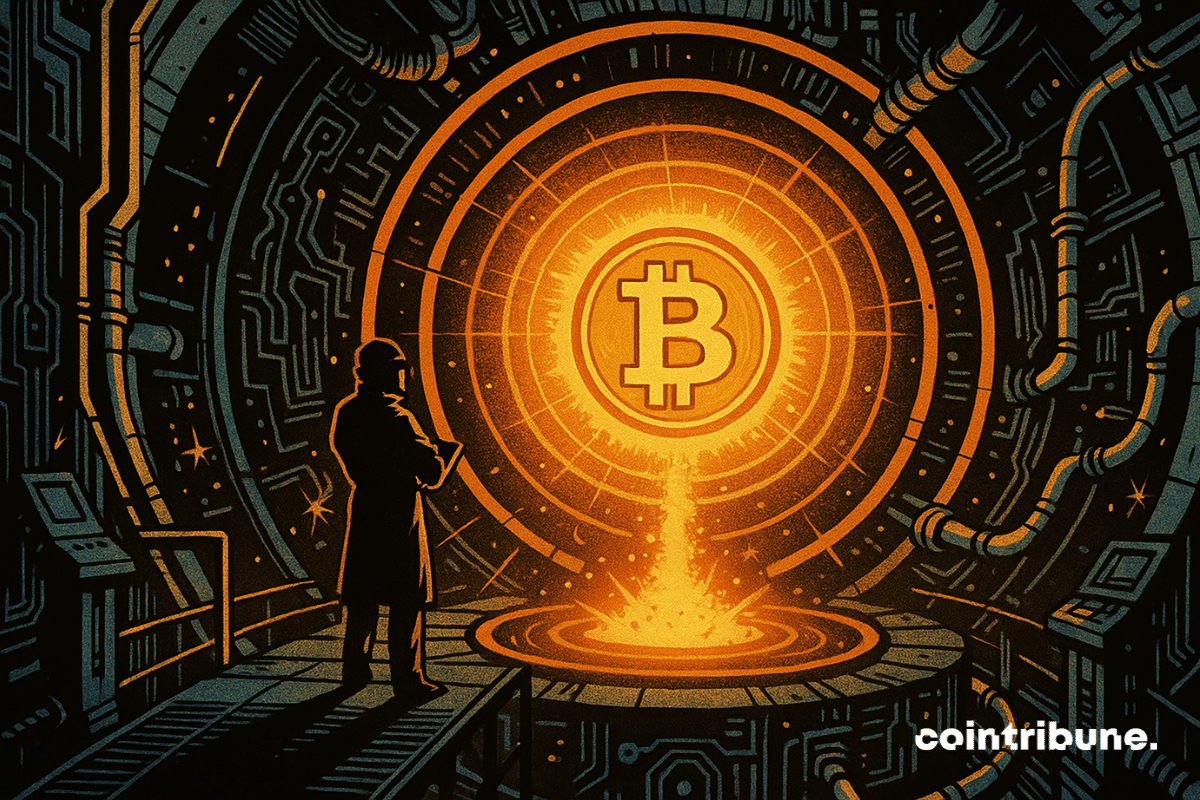 A stylized circular reactor, shaped like an ultra-technological energy chamber. At its center: a glowing core in the shape of the Bitcoin logo, radiating intensely. A futuristic technician is visible in silhouette on a suspended platform above the reactor. The Bitcoin core, a bright sphere or disc emitting circular pulses of energy, symbolizes the rebound of the hashrate.