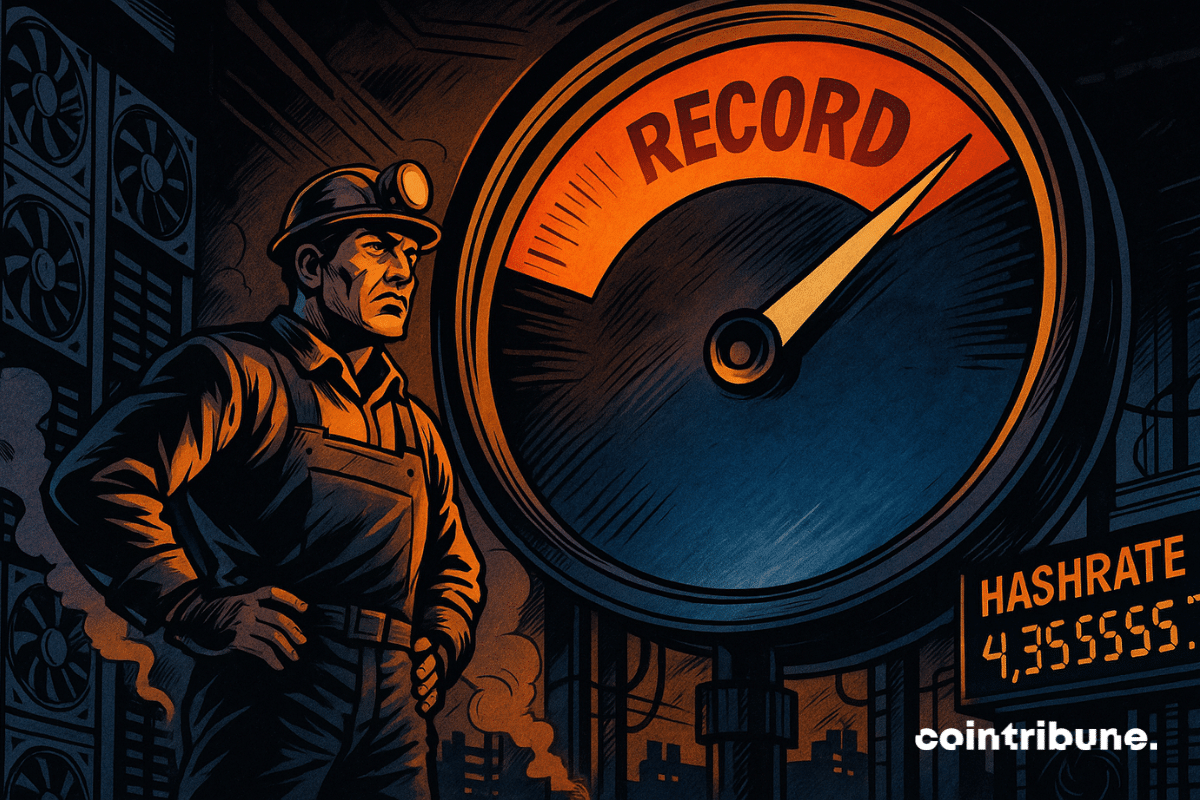 A massive industrial gauge dominates the scene, with a circular dial. The upper section of the dial displays the word “Record” in bright highlights, but the needle is visibly dropping toward a bluish area at the bottom. A Bitcoin mining specialist, hands on hips and eyes fixed on the dial, shows a mix of satisfaction for the record reached and concern about the decline in hashrate.