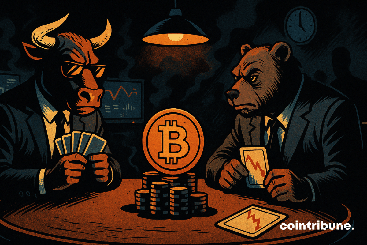 Deux investisseurs jouent au poker dans une ambiance très tendue, typique d’un duel psychologique. Une pile de jetons au centre de la table avec un jeton Bitcoin géant orange posé au sommet, illuminé comme un trophée.