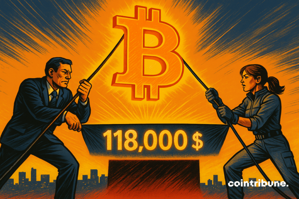 A huge golden Bitcoin logo floats at the center of the image, suspended by two cables stretched to the limit. Each cable is firmly held by a character positioned on the left and right, representing Metaplanet and Smarter Web.