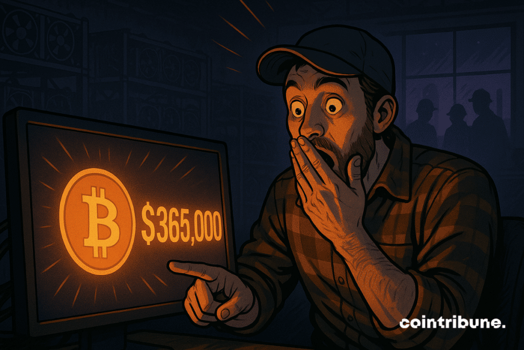 Un mineur de Bitcoin stupéfait réagit à un gain de 365 000 $ sur son écran dans une configuration minière faiblement éclairée.