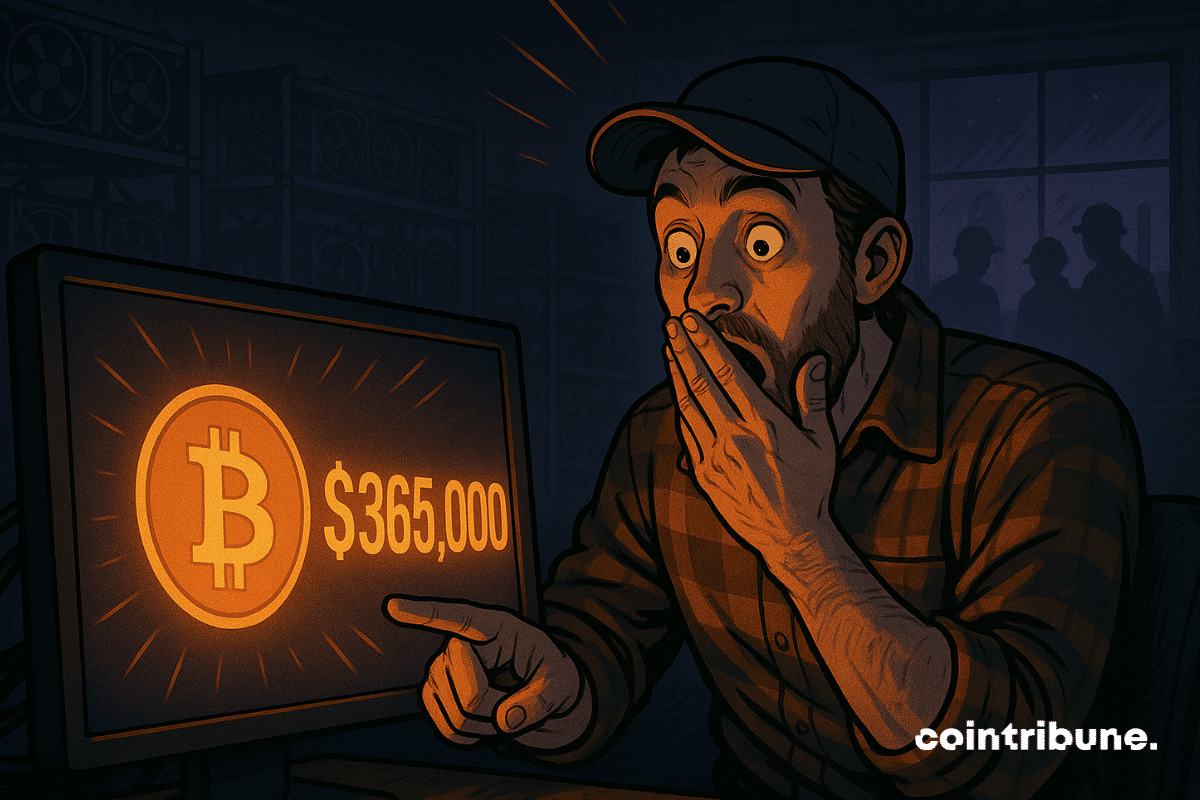 Un mineur de Bitcoin stupéfait réagit à un gain de 365 000 $ sur son écran dans une configuration minière faiblement éclairée.
