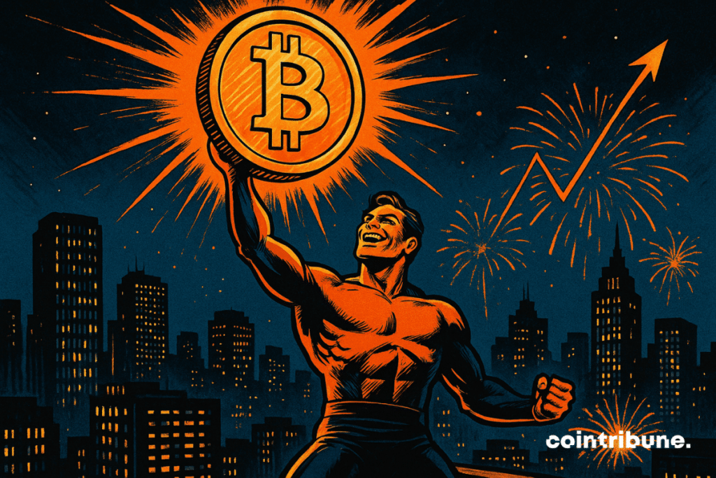 A triumphant Bitcoin hero after reaching a new all-time high.