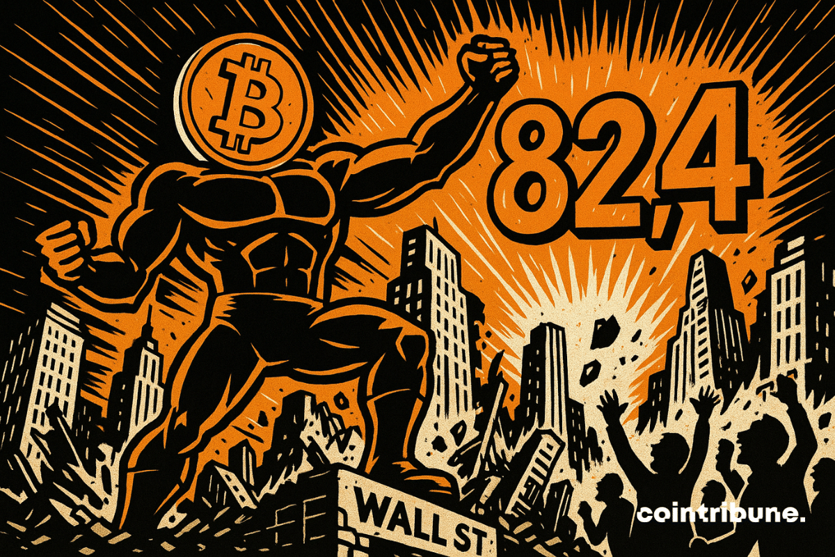 An anthropomorphized Bitcoin coin depicted as a superhero. It stands atop collapsed Wall Street skyscrapers, with the number 82.4 in the background.