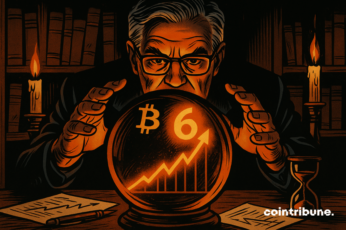 Peter Brandt observes a crystal ball placed at the center of a dark wooden desk. His hands surround the ball without touching it, as if capturing a vision. Inside the ball: a Bitcoin chart in a strong upward trend, with an orange curve ending in a bright peak at the top.