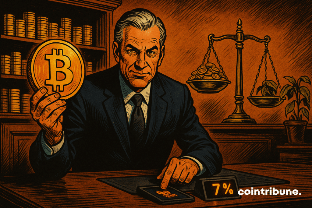 A businessman holds a giant, shiny gold Bitcoin coin in a demonstration gesture.