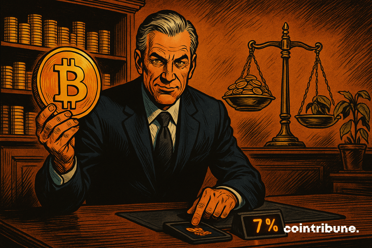 A businessman holds a giant, shiny gold Bitcoin coin in a demonstration gesture.