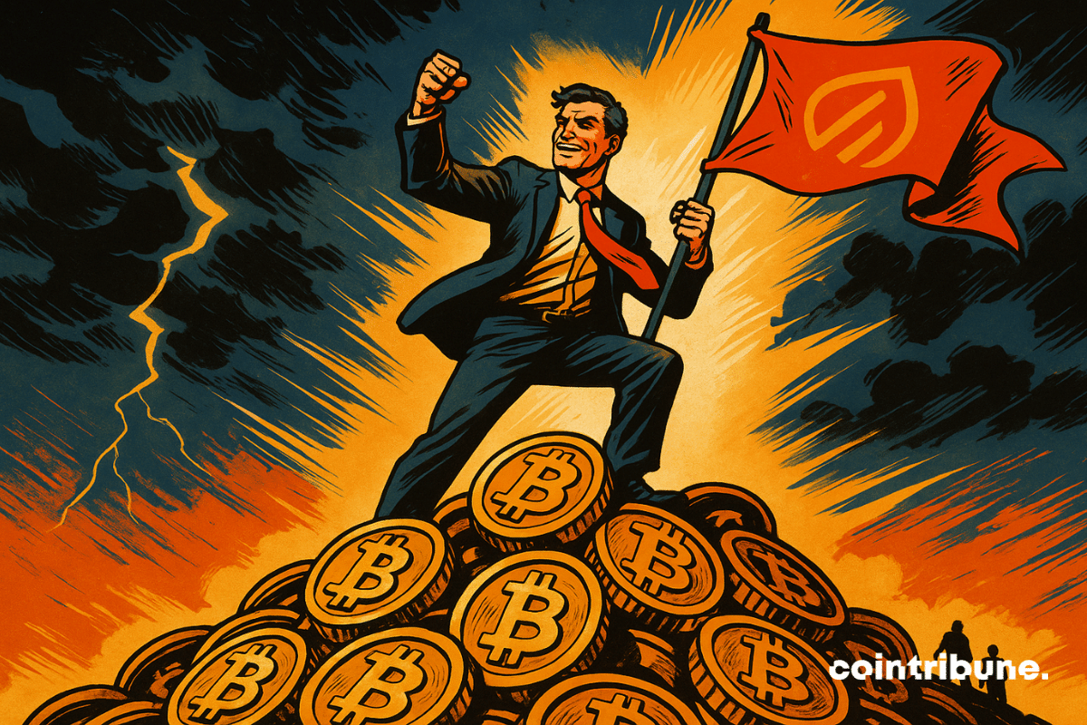 Une montagne de Bitcoin avec un personnage en haut brandissant un drapeau Strategy.