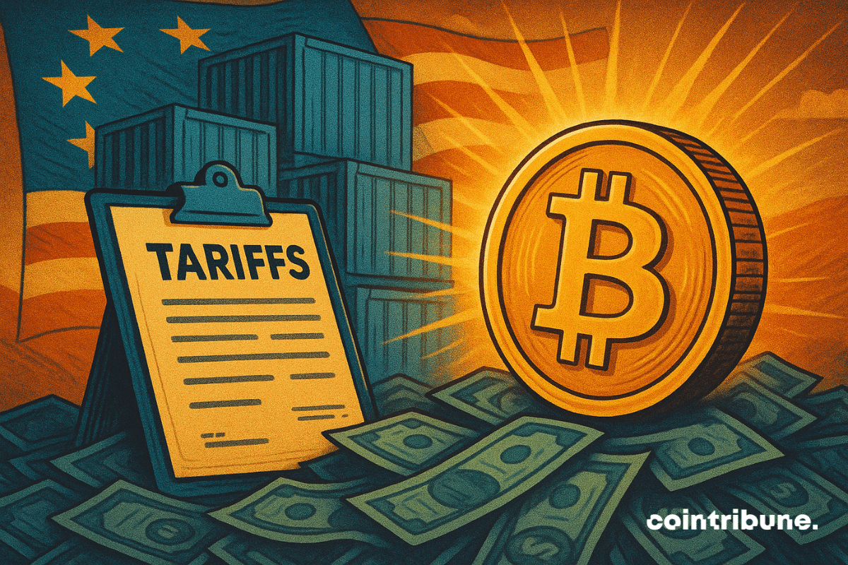 Illustration d'une pièce Bitcoin dorée à côté d'un presse-papiers intitulé « Tarifs », entouré de billets de dollars américains et de conteneurs d'expédition, avec le drapeau américain en arrière-plan.