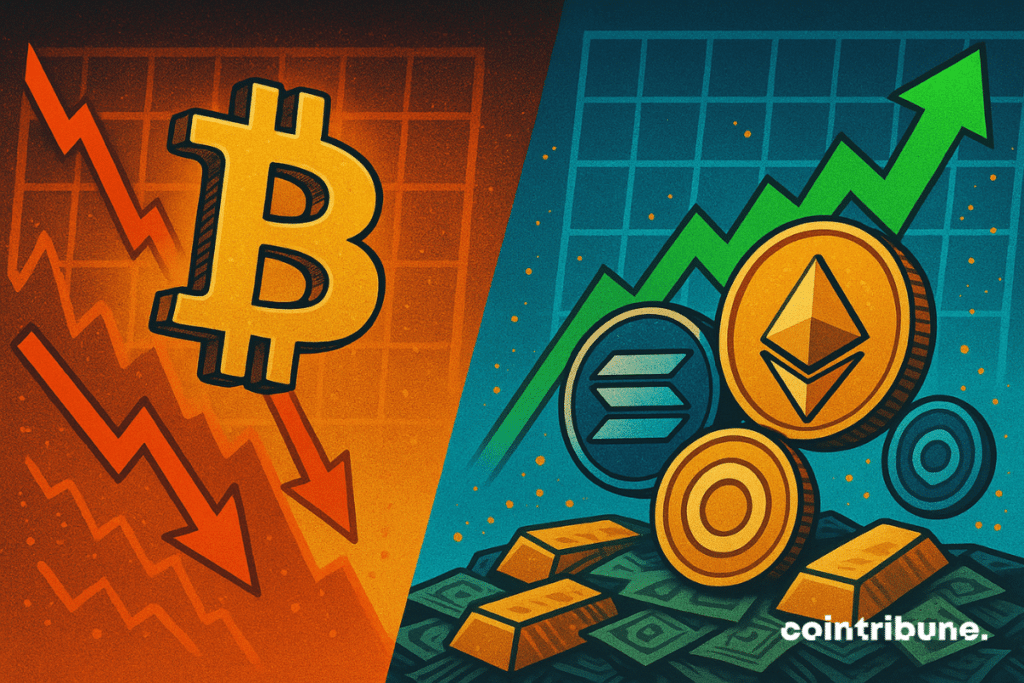 Bitcoin price falling while Ethereum, Solana, and other cryptocurrencies surge upward against a financial chart backdrop.