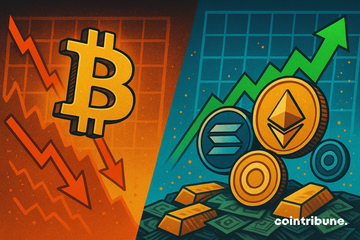 Le prix du Bitcoin chute tandis que l'Ethereum, le Solana et d'autres cryptomonnaies montent en flèche sur fond de graphique financier.