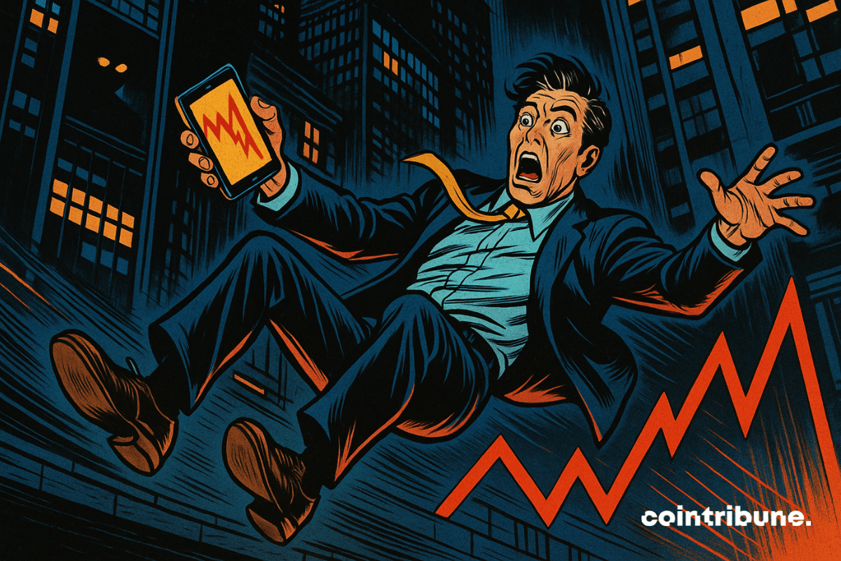 Un trader suspendu dans les airs au-dessus d’un graphique en chute libre, ce qui symbolise la baisse du Bitcoin.