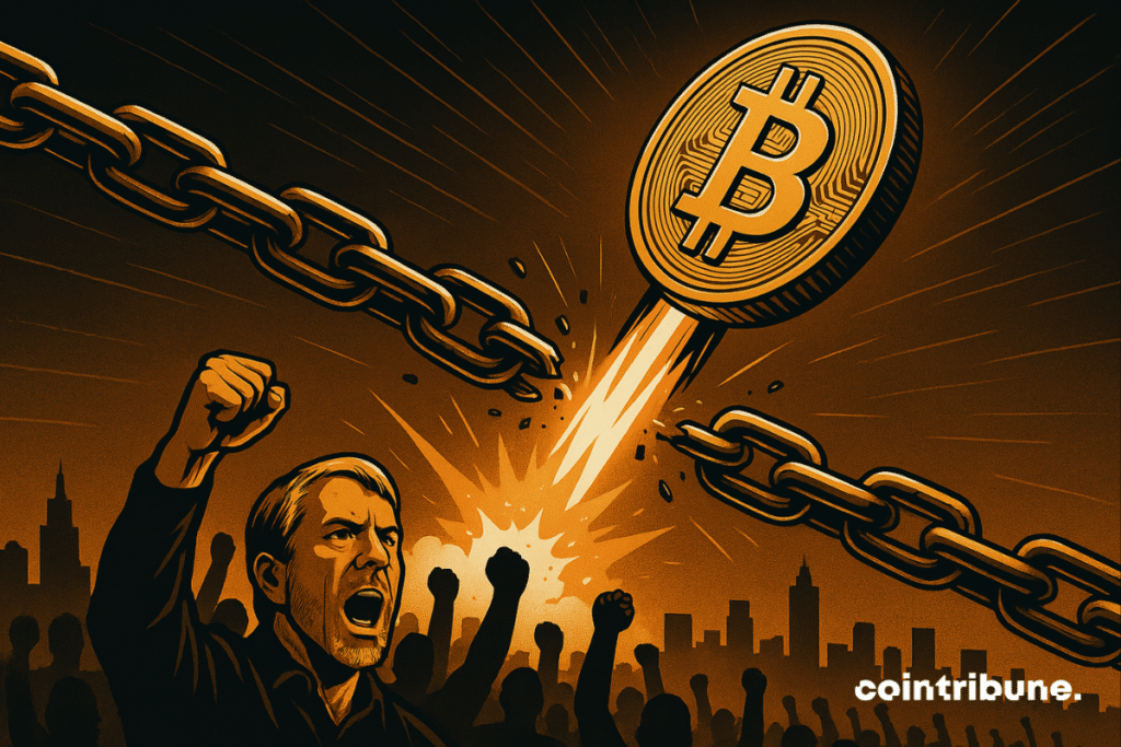 Bitcoin rocket breaking gold chains above cheering crowd.