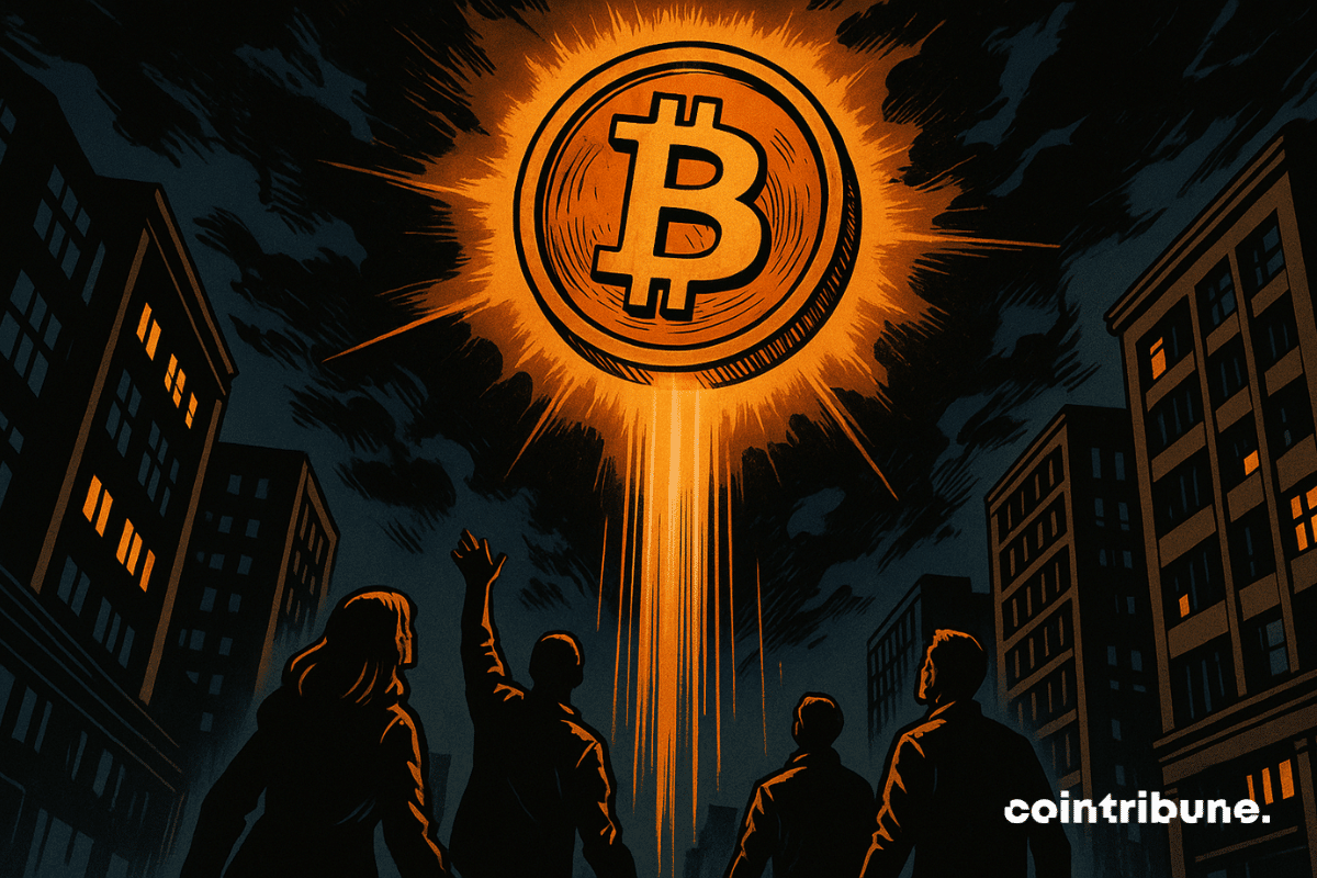Una enorme moneda de Bitcoin se eleva en el cielo nocturno sobre la ciudad, con un halo luminoso naranja, mientras siluetas la observan desde la calle.