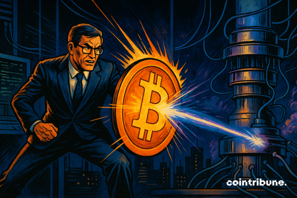 Un expert, tient dans sa main gauche un grand bouclier circulaire lumineux portant le logo Bitcoin (BTC) en orange vif. Un rayon laser bleu-violet, émis par une structure futuriste représentant un ordinateur lié à l'informatique quantique, vient frapper le bouclier. L’impact produit un éclat lumineux intense, repoussant le rayon.