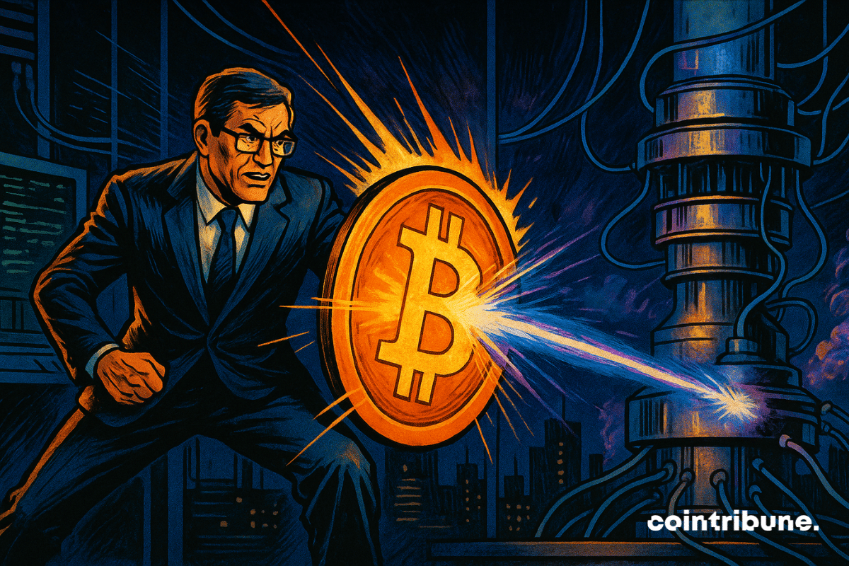 Un expert, tient dans sa main gauche un grand bouclier circulaire lumineux portant le logo Bitcoin (BTC) en orange vif. Un rayon laser bleu-violet, émis par une structure futuriste représentant un ordinateur lié à l'informatique quantique, vient frapper le bouclier. L’impact produit un éclat lumineux intense, repoussant le rayon.
