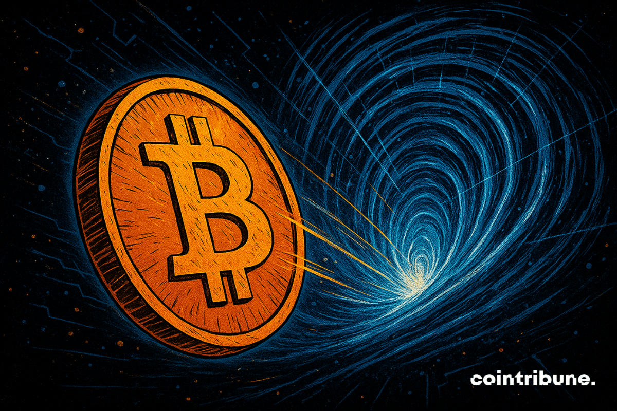 Un énorme bitcoin doré résiste à l’attraction d’un vortex quantique bleu électrique, dans une scène dramatique et énergique au style comics des années 70.