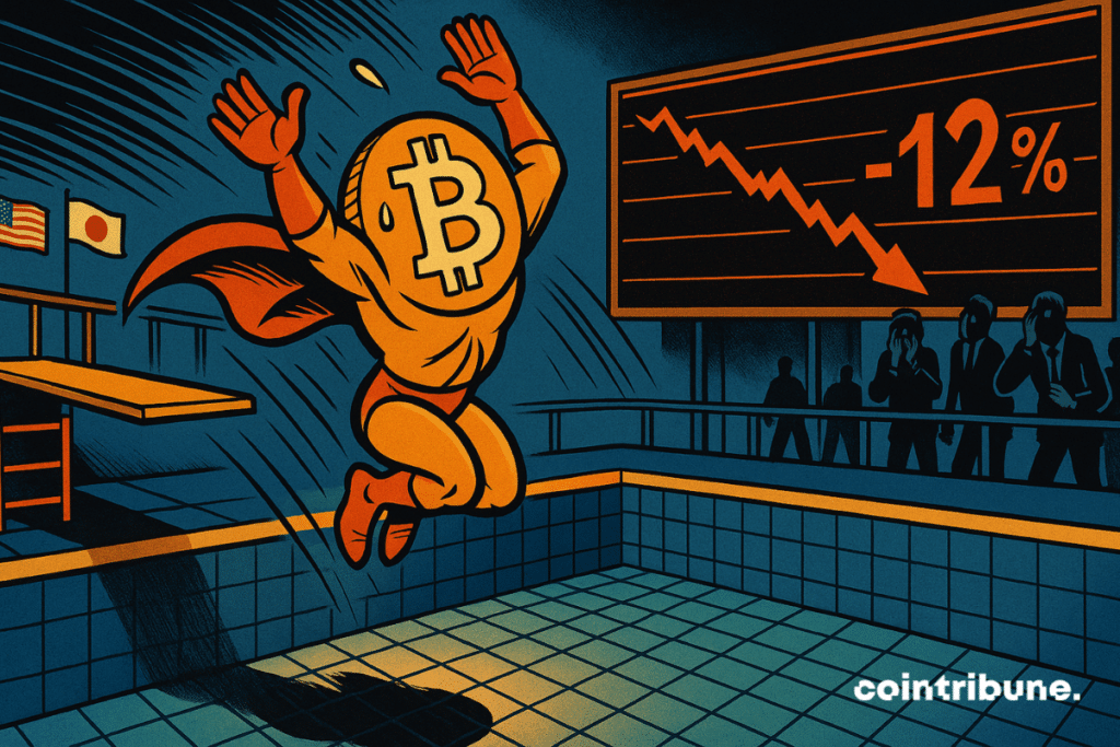 Un Bitcoin antropomorfizado salta del trampolín con confianza.