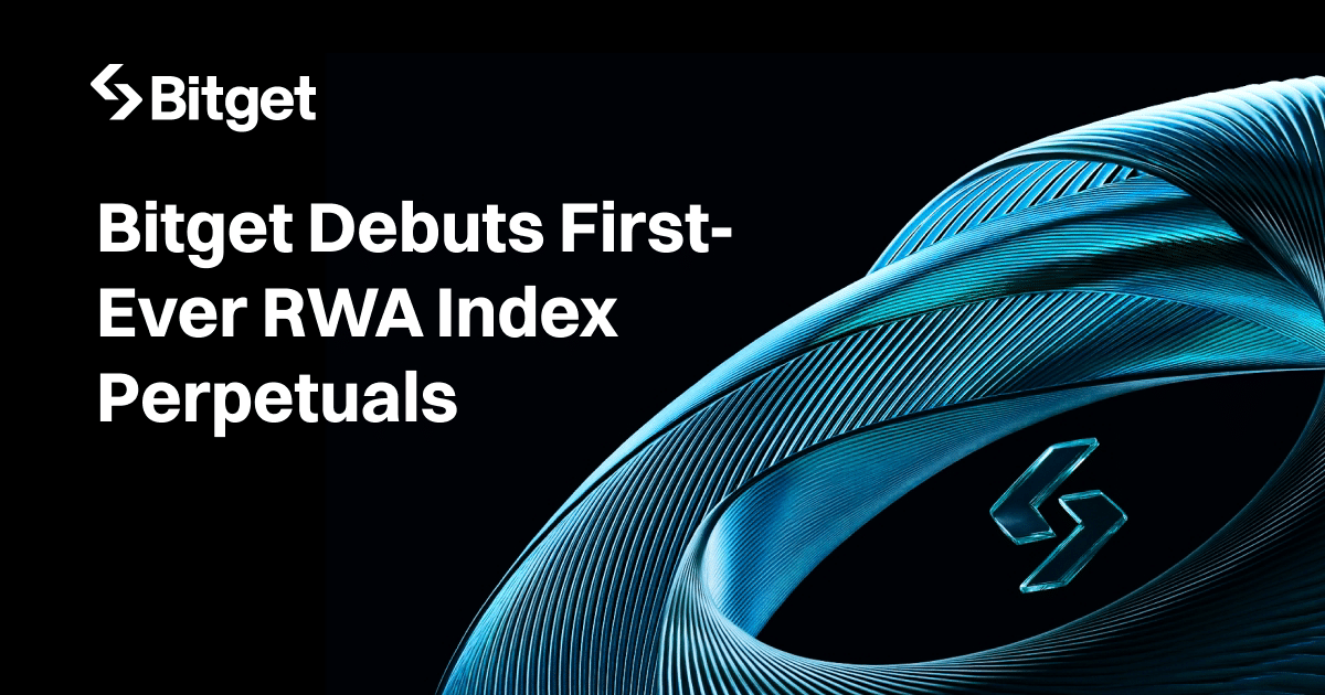 Visual promocional de Bitget anunciando el lanzamiento de los primeros contratos perpetuos de índice RWA, con un diseño azul futurista.
