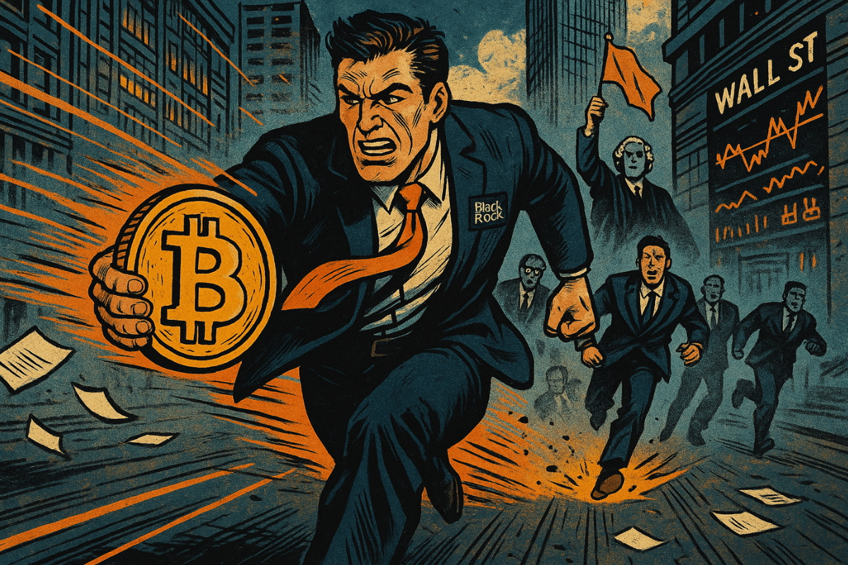 Imagen de estilo cómic de un ejecutivo de BlackRock corriendo con una moneda ETF de Bitcoin en Wall Street.