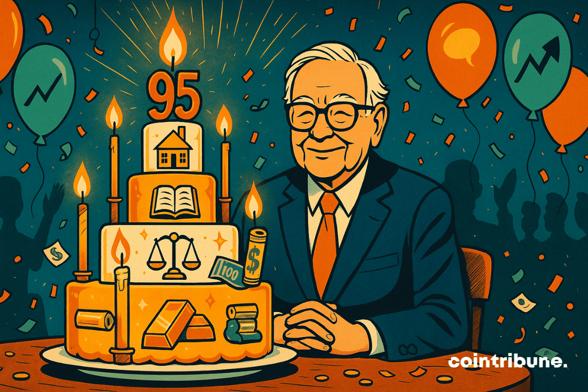 Warren Buffett est assis à une table festive, mains croisées devant un immense gâteau d’anniversaire à 5 étages, stylisé de manière graphique, chaque étage représentant visuellement un principe clé via un symbole.