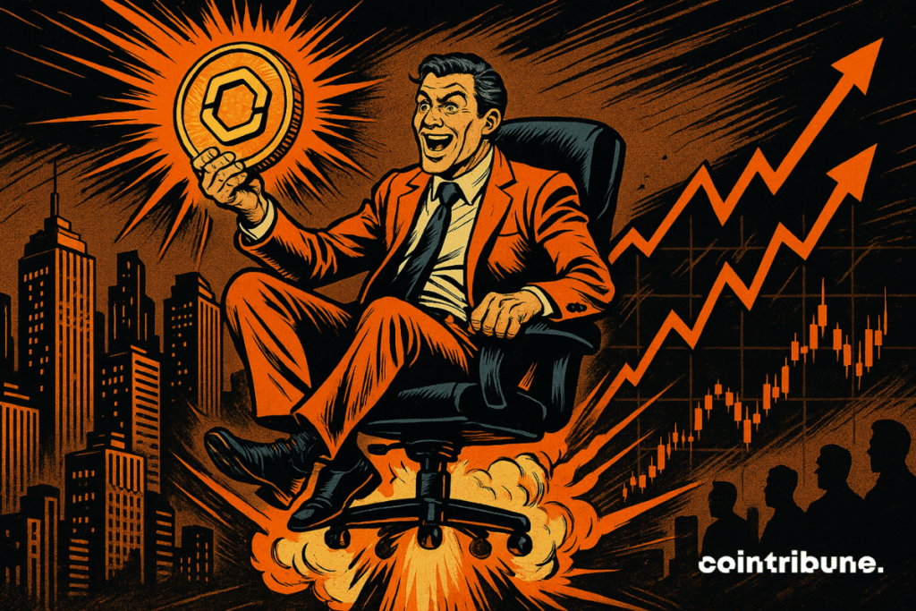 A triumphant CEO soars on a rocket chair, holding a glowing LINK logo, over a bustling, spectacular city.