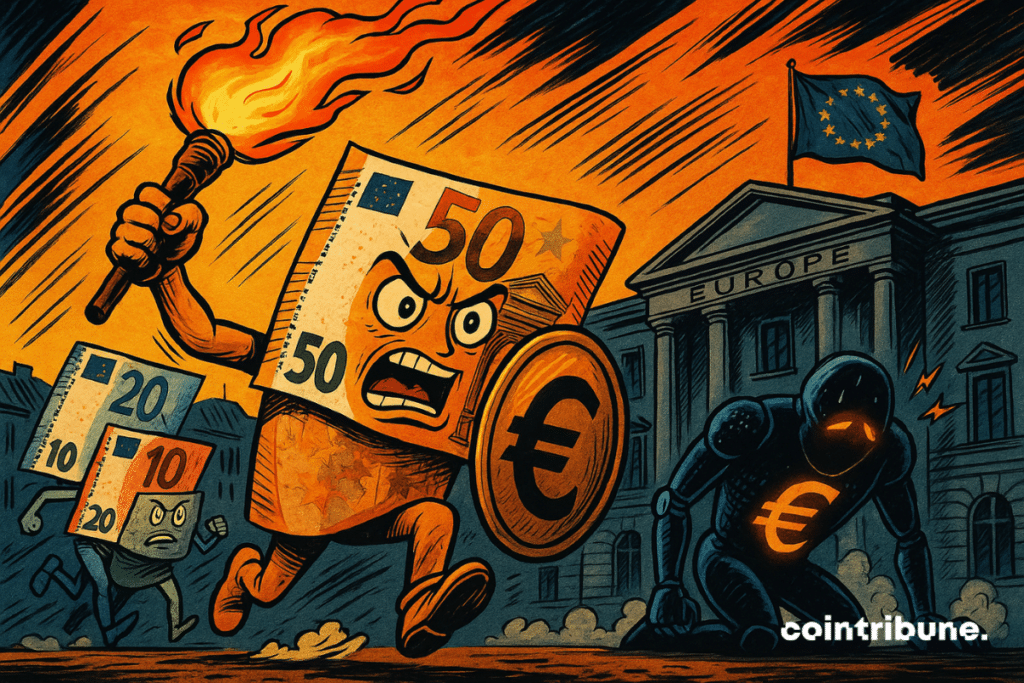 Un billet de 50€ furieux mène une charge contre un robot euro numérique défaillant devant un bâtiment européen en feu.