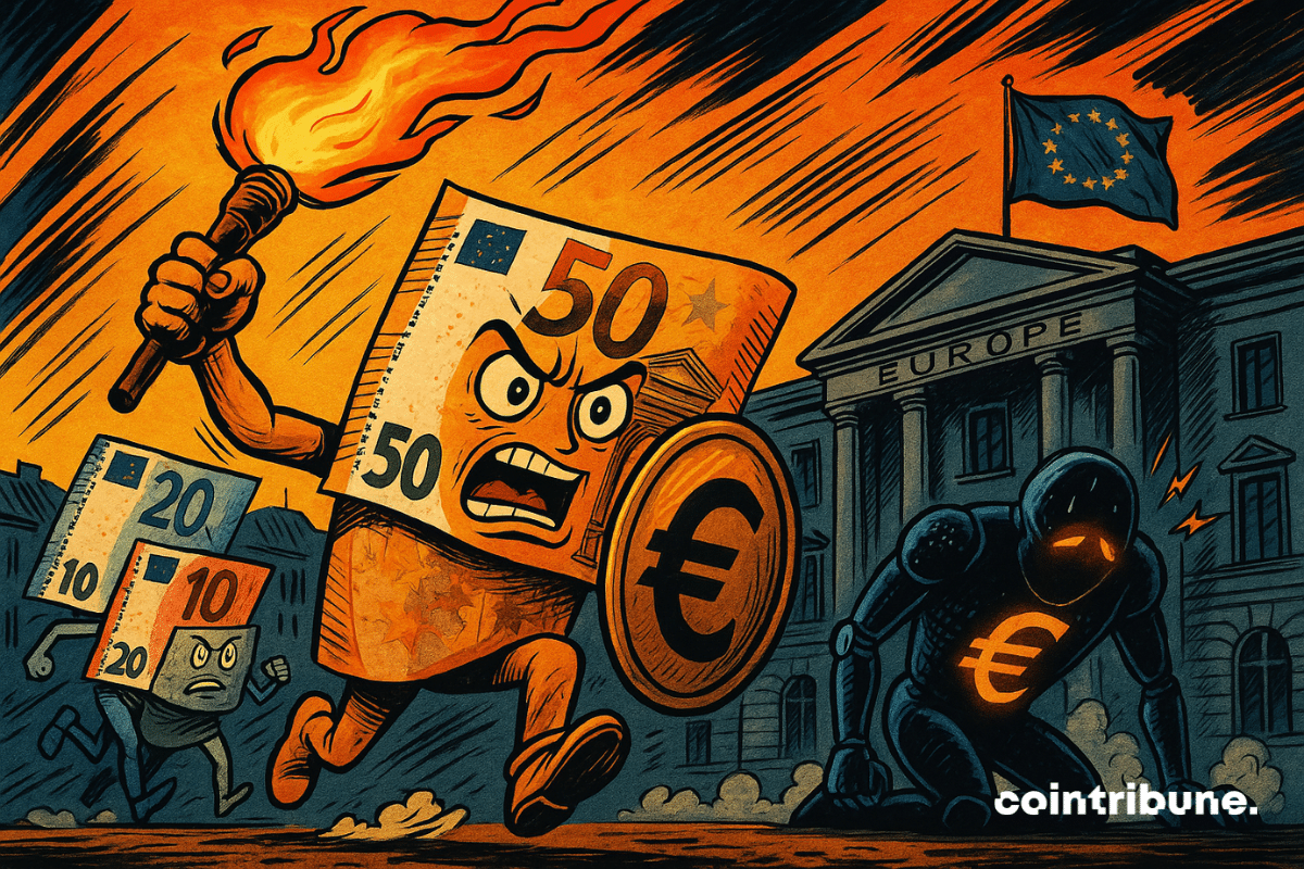 Un billet de 50€ furieux mène une charge contre un robot euro numérique défaillant devant un bâtiment européen en feu.