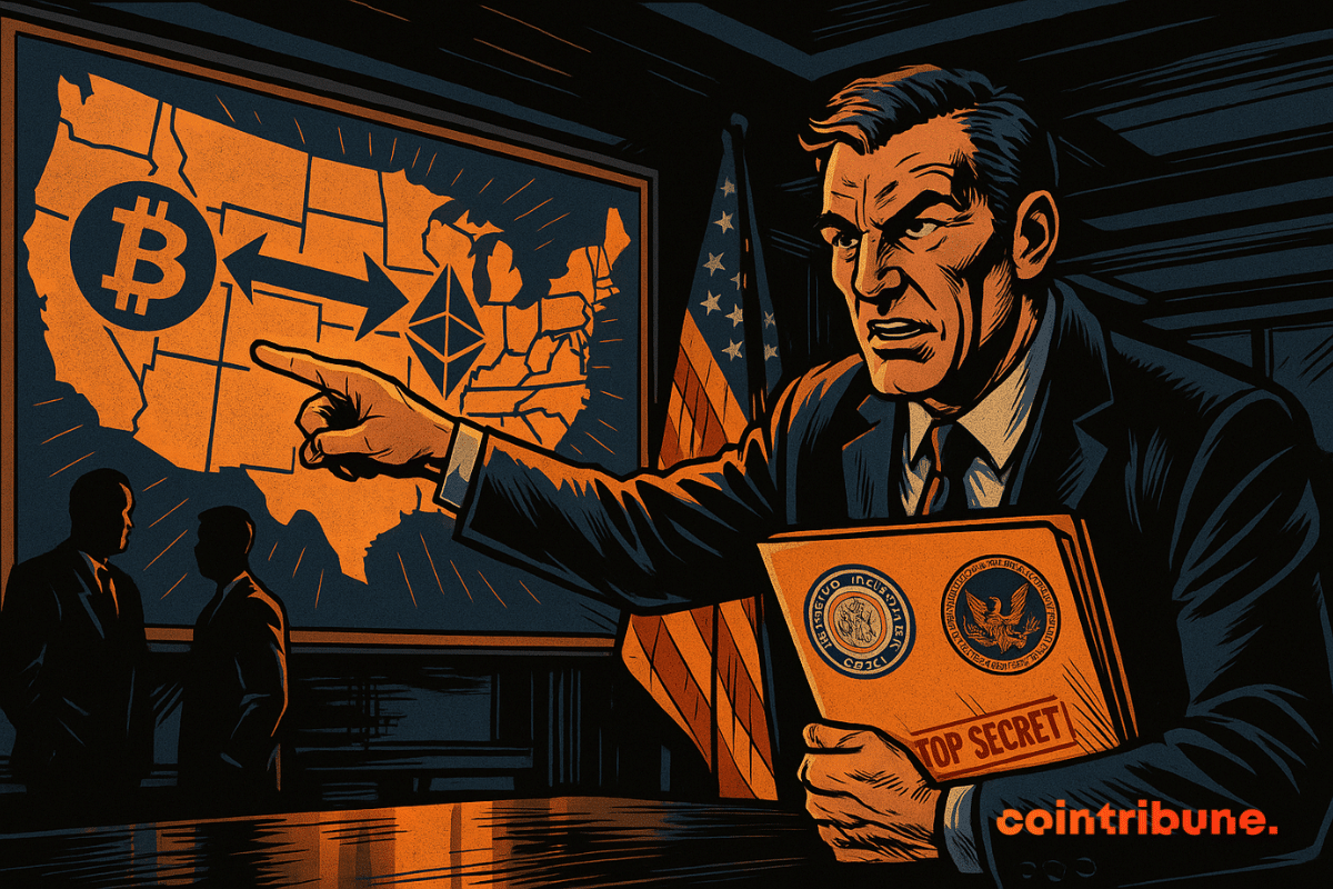 American agent pointing at a crypto map of the United States, dark atmosphere, top secret file, US flag, strategic tension, comic book style.