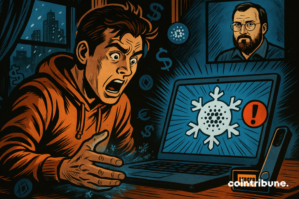 Un homme choqué par l'écran gelé de Cardano avec Ledger connecté.