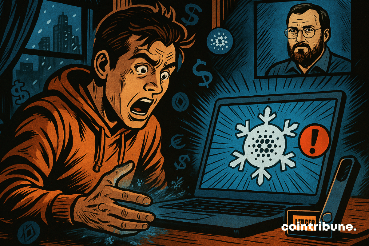 Un homme choqué par l'écran gelé de Cardano avec Ledger connecté.