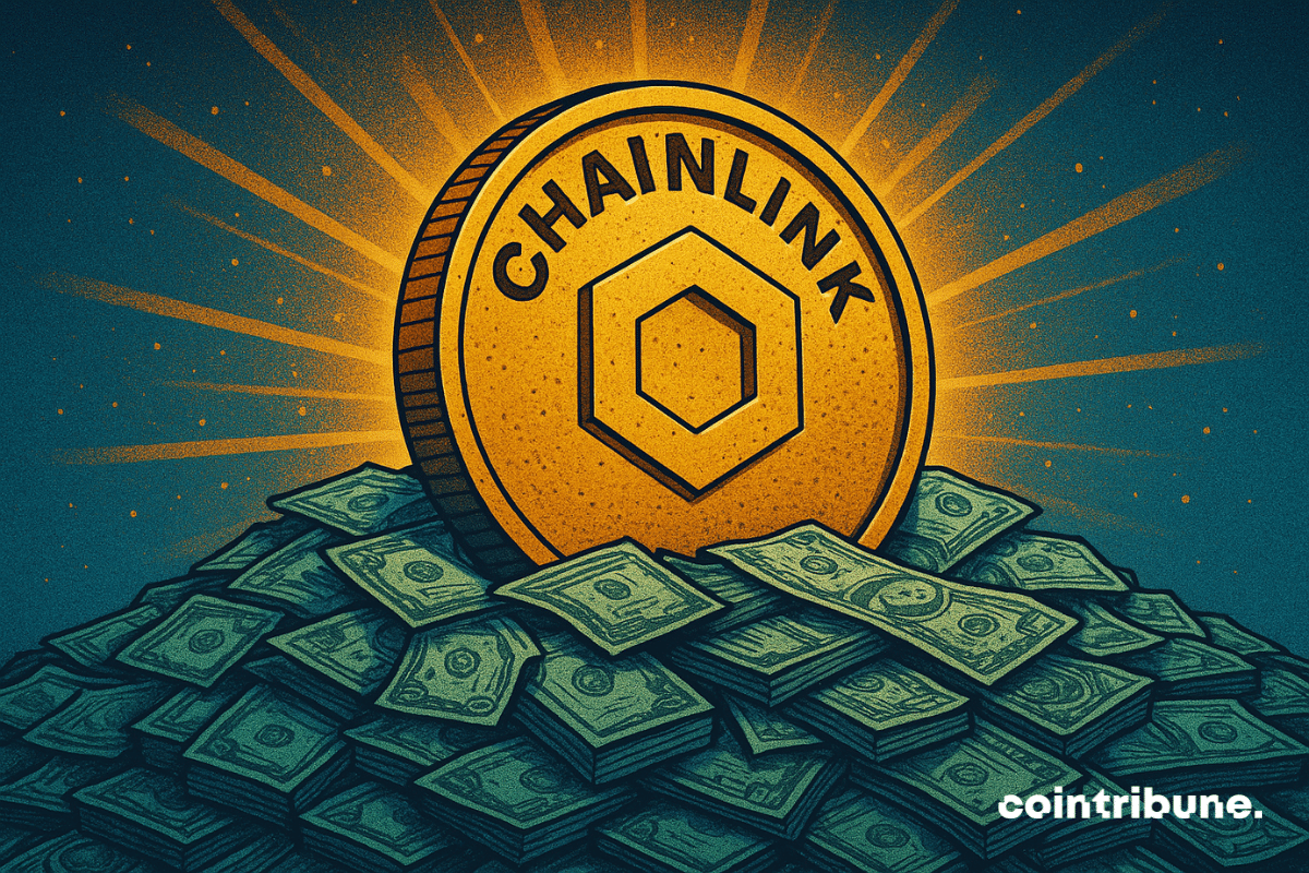 Ilustração de uma grande moeda dourada Chainlink irradiando luz, apoiada sobre uma enorme pilha de notas de dólar contra um fundo escuro estrelado.