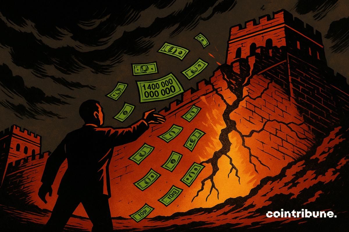 Una figura china lanza una lluvia de billetes para mantener el muro en pie. El muro se endereza parcialmente donde cae el dinero, simbolizando la inyección de 1,4 billones de yuanes del Banco Popular de China para salvar el mercado de bonos.