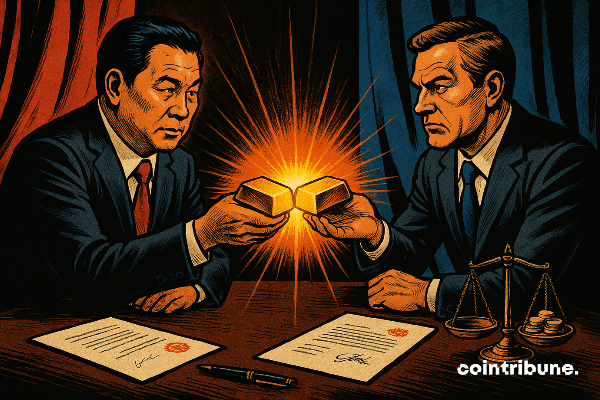 Two representatives (one for China, one for Russia) sit facing each other behind a large, dark wooden presidential desk. Both extend a gold bar toward the center, arms outstretched, palms open. The two bars touch exactly at the center of the image, producing a bright orange halo that illuminates their hands and part of their faces, symbolizing the surge in trade between these two BRICS members.