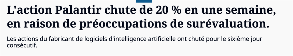 L'action Palantir chute de 20 % en une semaine. Source : quartz
